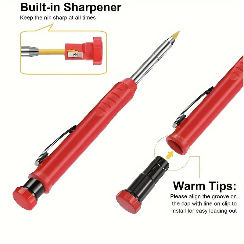 2.8mm Solid Carpenter Pencil with Pencil Cap, Deep Hole Mechanical Pencil with Built in Sharpener For Carpenter Woodworking