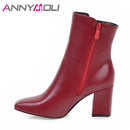 ANNYMOLI Thick High Heel Boots Square Toe Winter Boots Women Ankle Boots  Zipper Ladies Autumn Shoes White Black Red Size 33-43