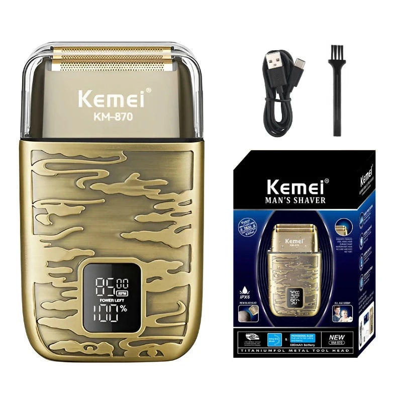 KEMEI 3-Speeds Electric Razor Professional IPX6 Waterproof Metal Shell Beard Shaver with LCD Digital Display for Men