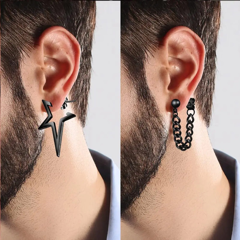 WKOUD 1 Pairs Stainless Steel Punk Black Dangle Earrings For Men Cross Skull Screw Cone Huggie Hoop Long Chain Piercing Hoop