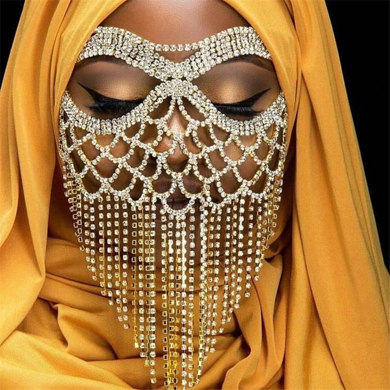 Indian Tassel Veil Mask for Face Women Rhinestone Face Masks Masquerade Dance Party Banquet Decoration Face Accessories Jewelry
