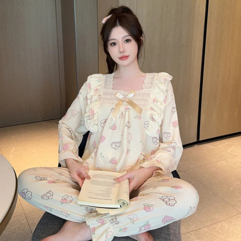 Lady Sweet Style Y2k Cartoon Women's Pajamas Bubble Cotton Bow Square Neck Female Nightgown 2024 Autumn New Youth Chic Sleepwear