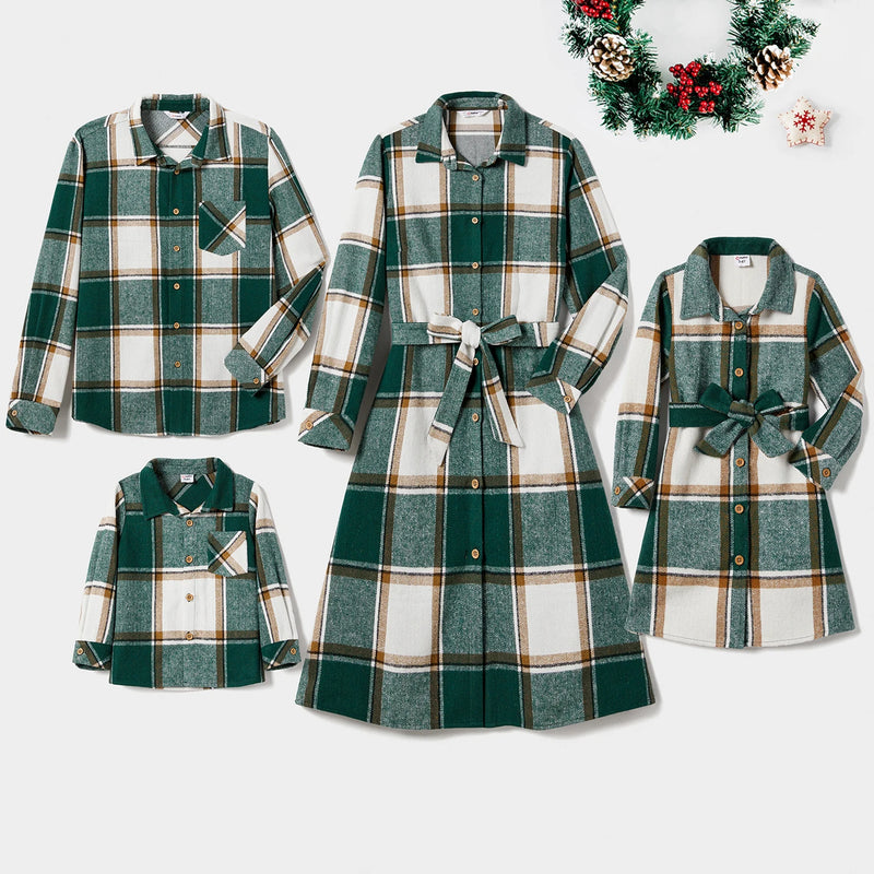 PatPat Christmas Family Matching Casual Grid/Houndstooth Long-sleeve Tops & Belted Dresses Sets