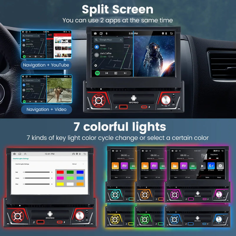 1 din Car Radio Android Carplay Auto Universal 7" IPS Retractable Screen gps Navigation 1Din Android 12 Multimedia Video Player