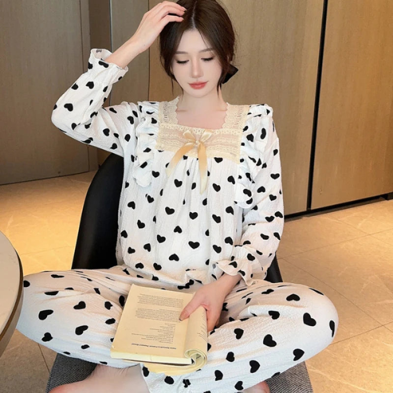 Lady Sweet Style Y2k Cartoon Women's Pajamas Bubble Cotton Bow Square Neck Female Nightgown 2024 Autumn New Youth Chic Sleepwear