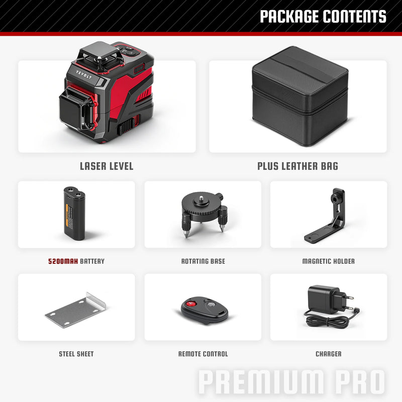 YEVOLT YVGLL4XS12 Series Green Laser Level 3-Plane 12-Line Self-leveling 360 3D Horizontal & Vertical 3.6V 3Ah Power Tools