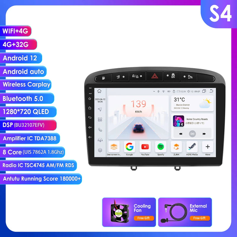 Hizpo 2Din Wirless CarPlay Android Auto Car Radio for 308 308S 408 2012 - 2020 UI7862 Headunit DSP RDS BT 4G GPS Navi 360° CAM