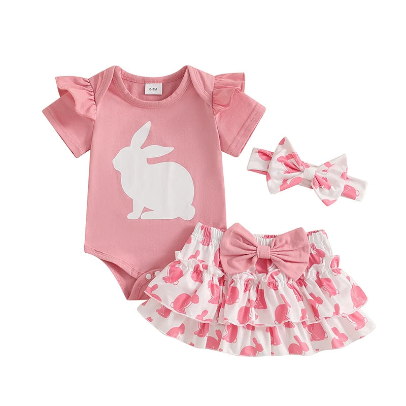 Adorable Baby Easter Outfit with Bunny Print Short Sleeve Romper Ruffled Shorts and Matching Headband - 3 Piece Set for Girls