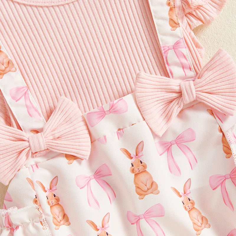 Adorable Toddler Easter Dress with Bunny Print Ruffled Sleeves Matching Headband and Bow Detail - 2 Piece Spring Ensemble