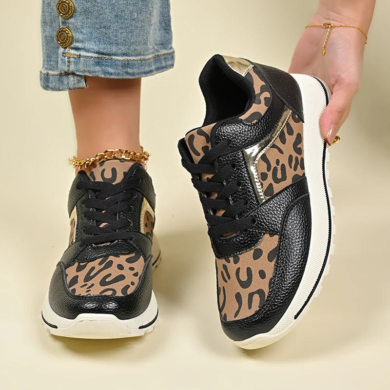 2025 Spring Leopard Print Platform Sneakers Women Black Thick Bottom Vulcanized Shoes Woman Cozy Lace Up Wedge Sport Shoes Woman