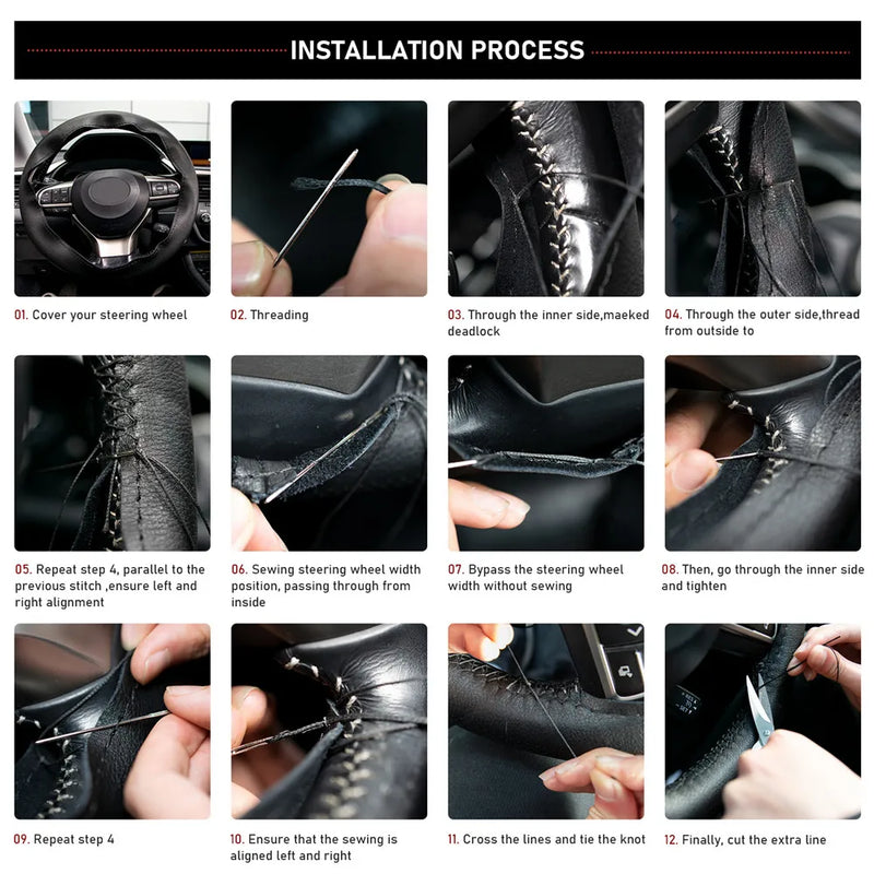 14.5" to 15" Steering Wheel Cover with Needle Thread DIY Hand Stitching Genuine Cowhide Leather Punched Breathable Car Styling