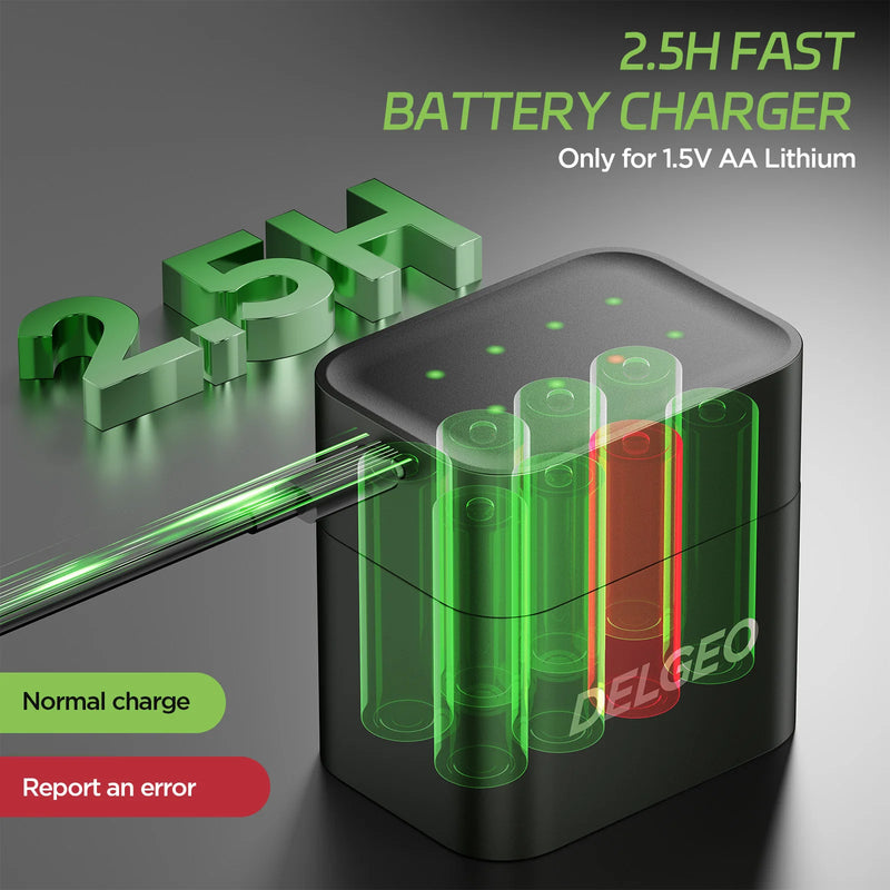 Delgeo AA Rechargeable lithium Battery 1.5V with Charging Case 3600mWh Large Capacity Compatiable for Camera, Gamepad, GPS, Toys