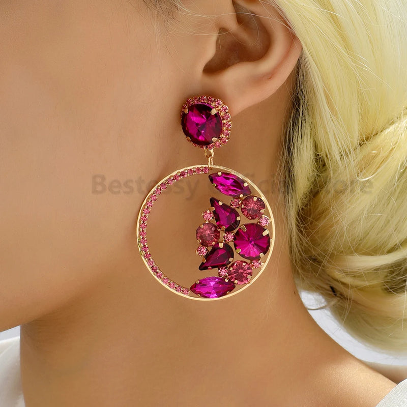 Fashion Rhinestone Hoop Dangle Earrings For Women Trend Luxury High Quality Round Big Pendants Vintage Jewelry Party Accessories