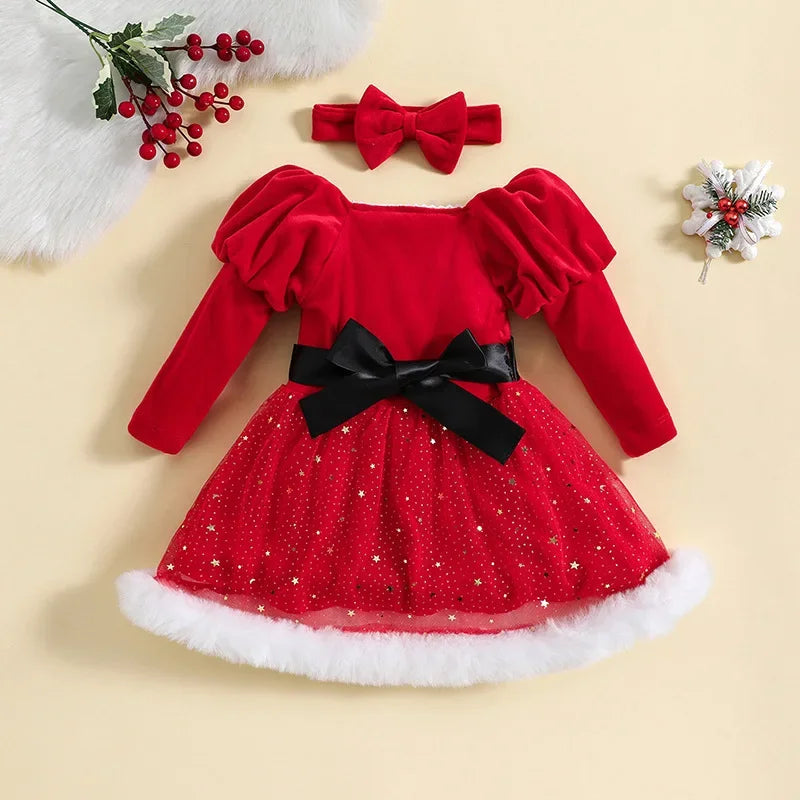 Christmas Children's Clothes 1-5Y Girls Long sleeve Dresses Stars Sequin Mesh Princess Dress with Bow Headband Festival Costume