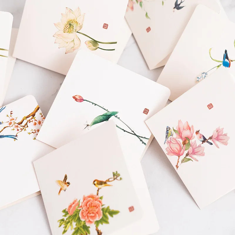 10Pcs/Set Chinese Style Flower Bird Greeting Cards Birthday Wedding Thank You Blessing Card Invitations for Mothers Father's Day