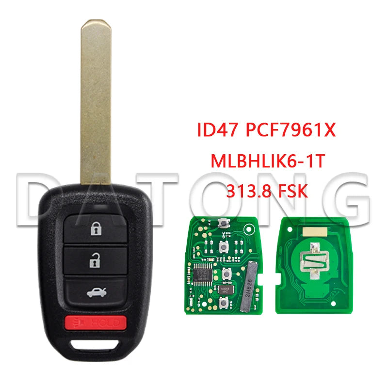 Datong World Car Key For Honda Civic Accord 2013-2017 CRV 2013-2015 ID47 PCF7961X 313.8MHz 433.92MHz MLBHLIK6-1T/A Remote Key