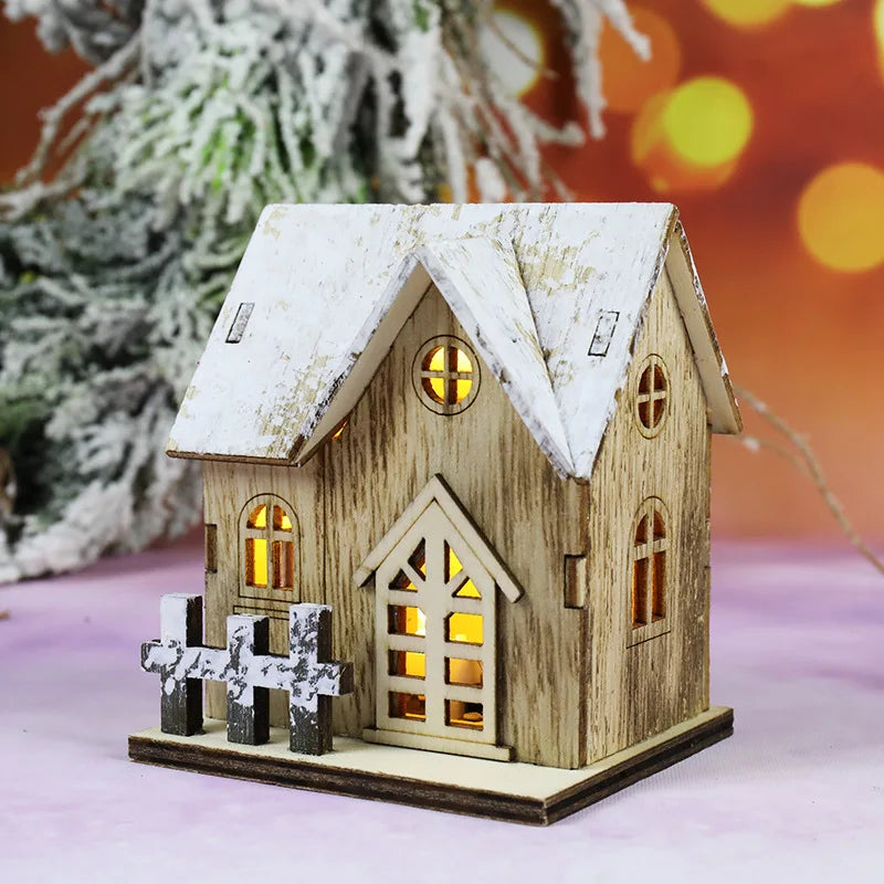 1Pcs Mini Christmas New Decorative Luminous Wooden House With Battery LED Small Xmas Room Desktop Pendant Kids DIY Decoration