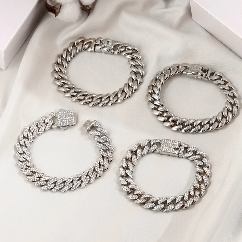4Pcs Cuban Chain Bracelet for Women Men HipHop Bling Iced Out Chain Full Rhinestone Paved Chunky Metal Bracelet Set Jewelry Gift