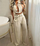 Casual Two Piece Pants Set outfits 2025 Solid Lapel V Neck Sleeveless Crop Top High Waist Pocket Wide Leg Pants Set Streetwear