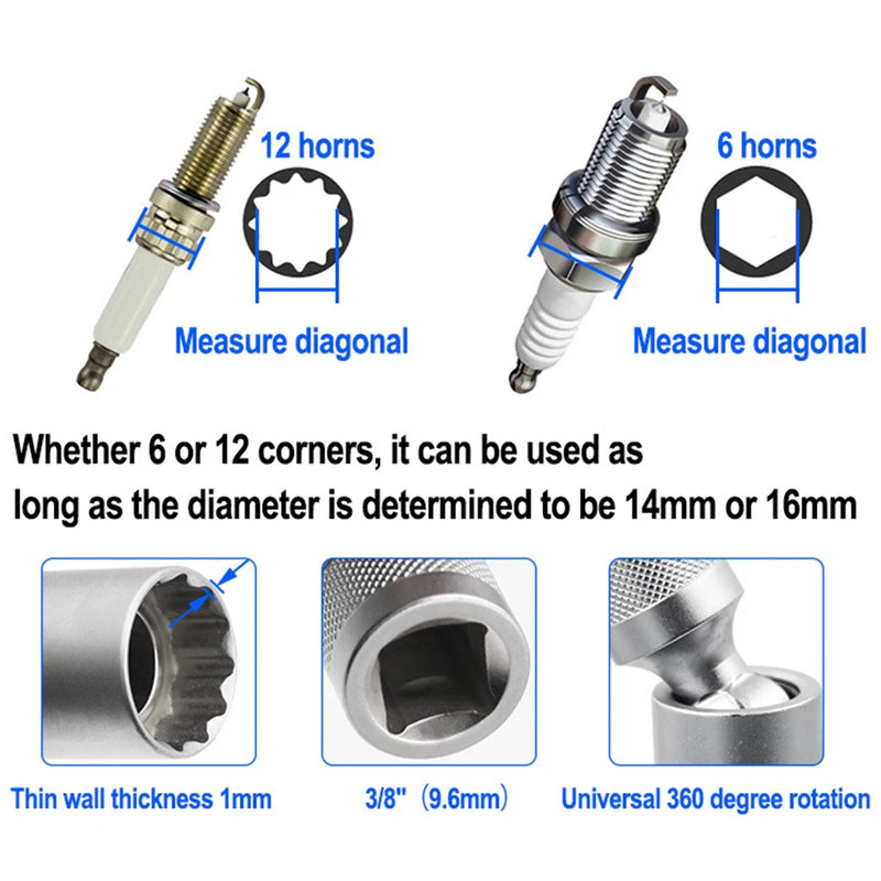 Socket Wrench Magnetic 12 Angle Repairing Removal Tool Thin Wall 3/8" Drive Sockets for 14/16mm Spark Plug