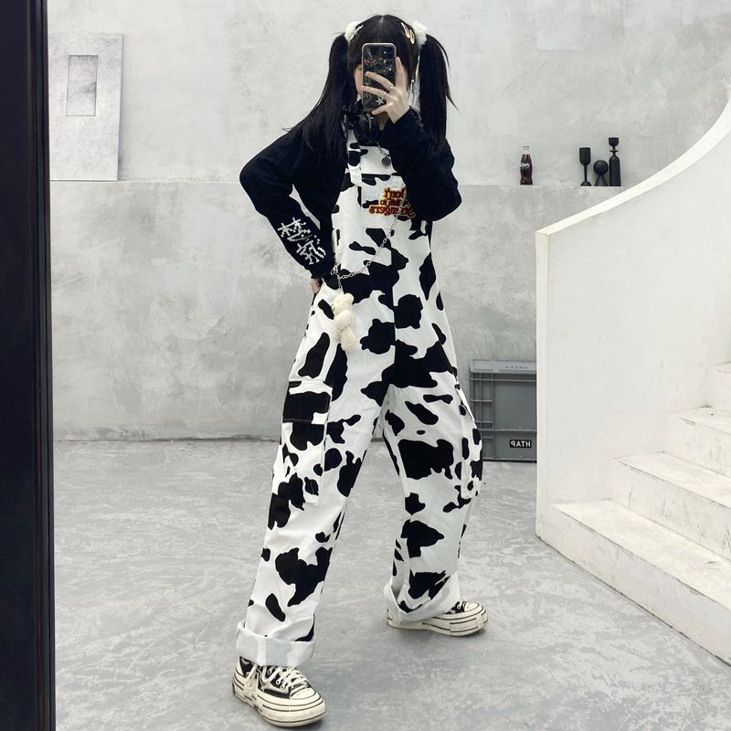 Street Hip-hop Harajuku Girl Cow Print Oneies For Women Black White Plaid Overalls Casual Jumpsuit Trousers Baggy Pants