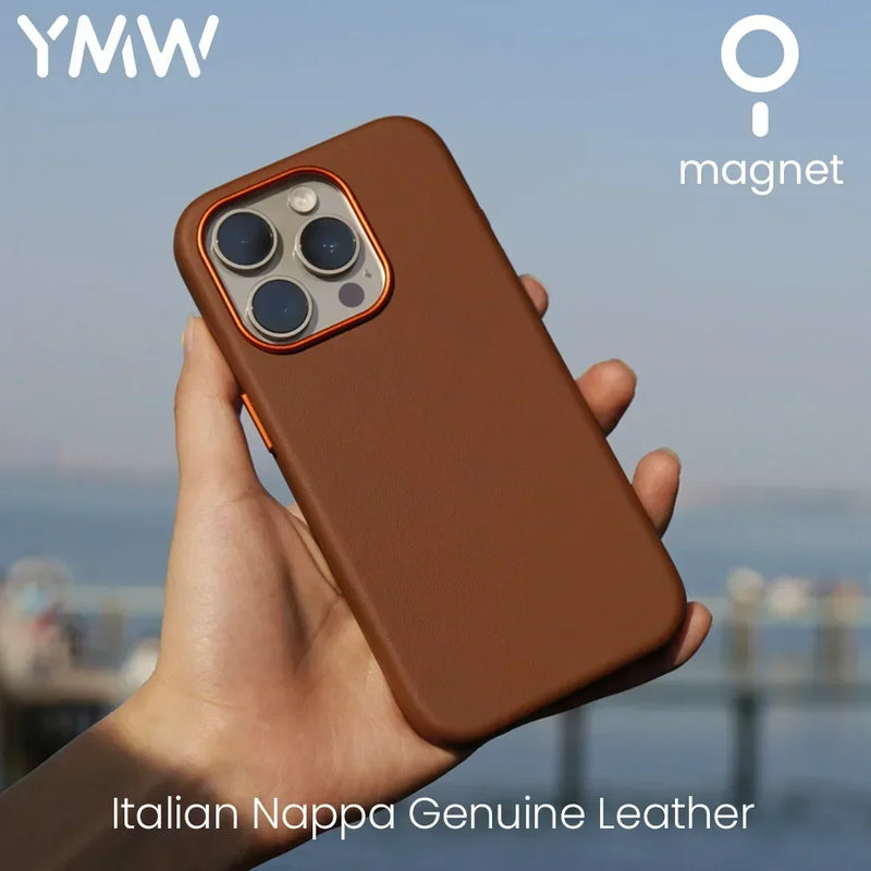 YMW Italian Nappa Case for iPhone 15 14 13 Pro Max Magnetic Supercar Interior Genuine Leather Business Premium Cow Phone Cover
