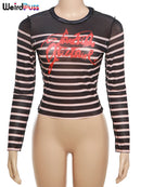 Weird Puss Letter Print Striped Women Crop Tops Sexy Mesh Fashion o-Neck Long Sleeve t-Shirt Wild Hipster Streetwear Skinny Tees
