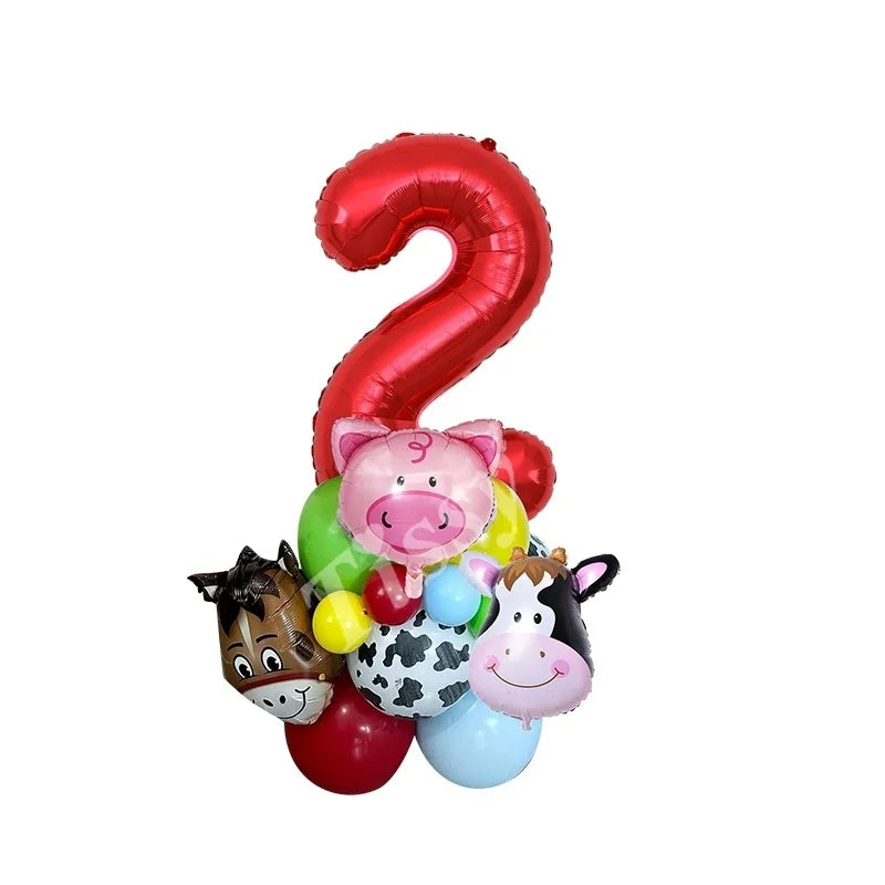 Farm Animal Balloon Tower with Digital Baloon Carton Cow/Pig/Sheep Balloons Kids Farm Animals Happy Birthday Party Decoration