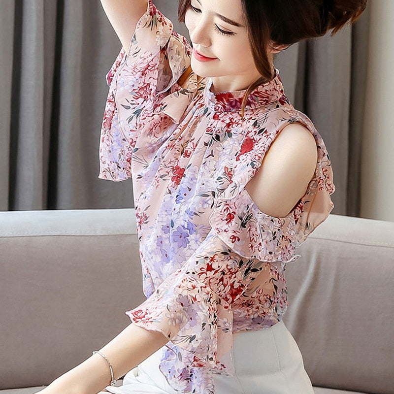 2023 Womens Blouses Tops Short Sleeve Butterfly Sleeve Chiffon Women Clothing Elegant Female Shirts Long Sleeve Floral 5388 50