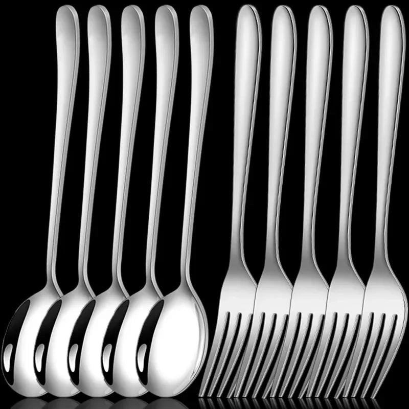 Stainless Steel Spoon And Fork Cutlery Set Long Handle Soup Spoons Ice Cream Dessert Coffee Teaspoons Kitchen Tableware Utensils