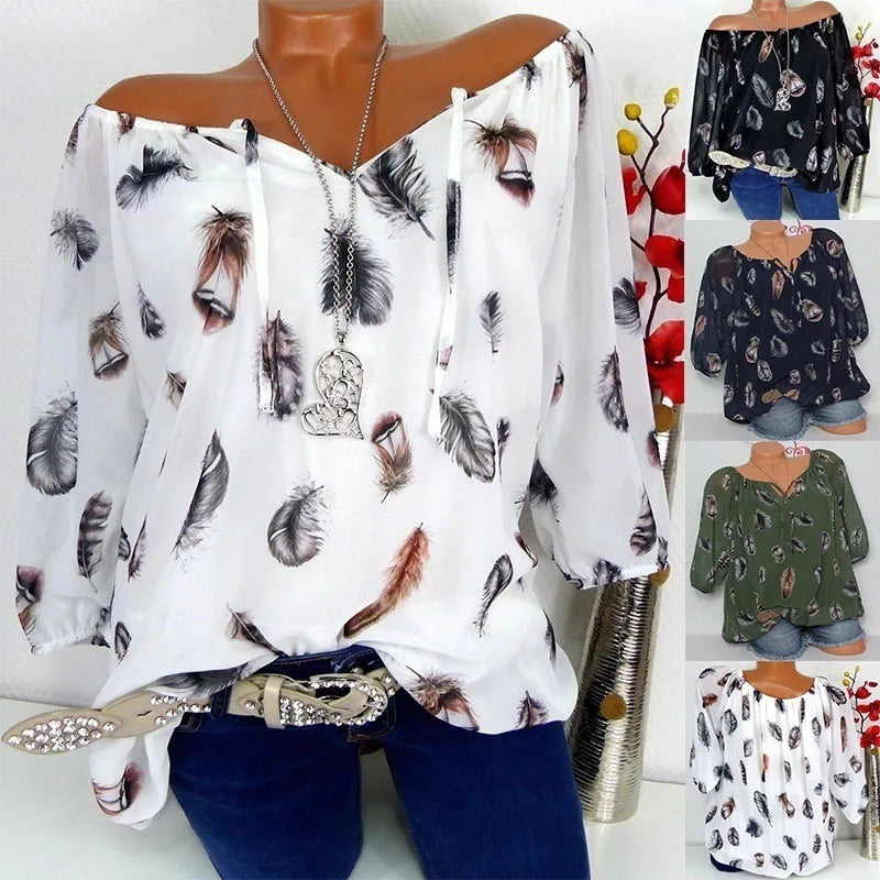 Fashion Women's Blouses Summer Tops Casual Blouse White Loose Feather Print V Neck Half Sleeve Shirts Blusas 5XL Plus Large Size
