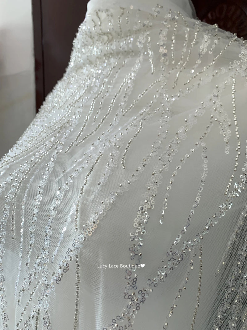 SOFT White Tulle Mesh Silvery Sequins Beaded Lace Fabric Party Dress Sewing Accessory Wedding Dress Material 130CM Wide HOT