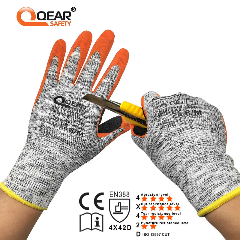 QearSafety Cut level 5 Protection Work Gloves, HPPE fiber Knitted, Sandy Orange Color Nitrile Palm Coated,Anti-slip, Flexible