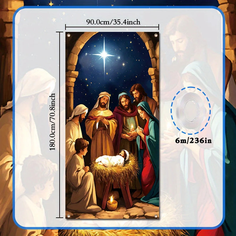 Merry Christmas banner with Shining stars Nativity scene - durable polyester, front door decoration and New Year celebration