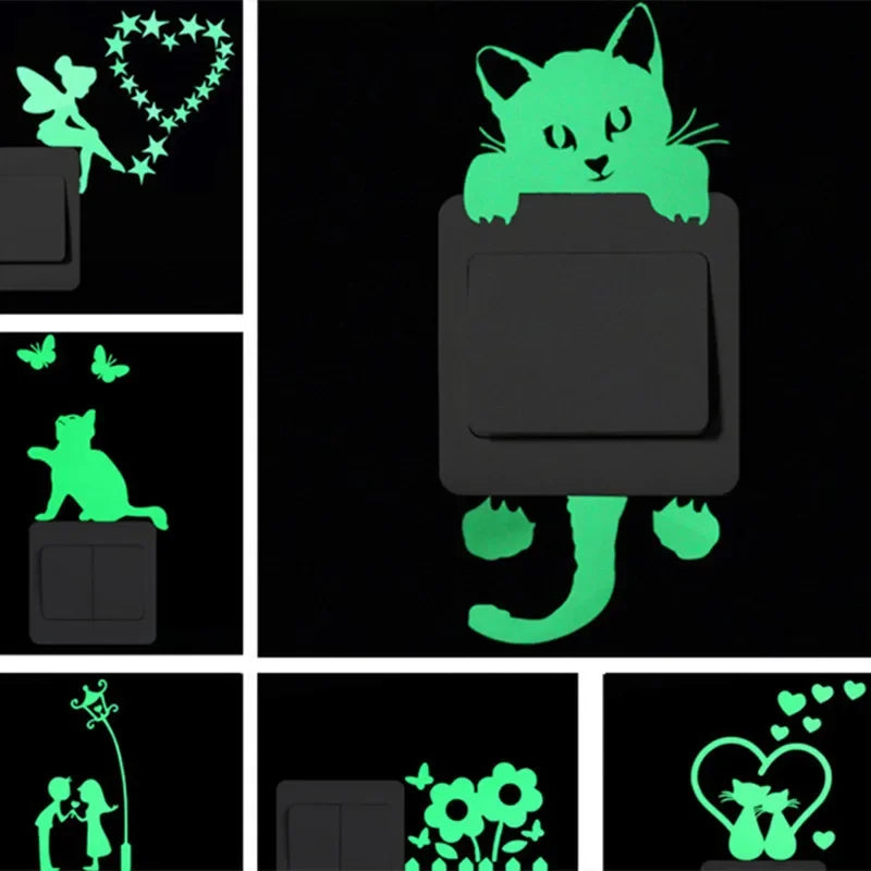 Cat Sticker Kid Room Fluorescent Decoration Cartoon Stars Sticker Home Decor Switch Sticker Fairy Glow in the Dark Moon Luminous