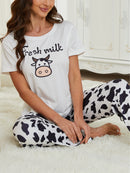 Cow print print pajama set for women simple crewneck pullover short-sleeved top and loose stretch trousers women's loungewear