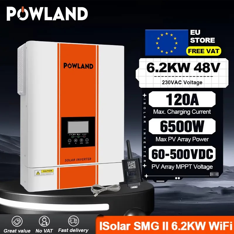 Powland 11KW 6.2KW 48V 4KW 24V Hybrid Solar Inverter Dual MPPT 160A Pure Sine Wave 230V Single phase On-grid Off-grid  VAT Free