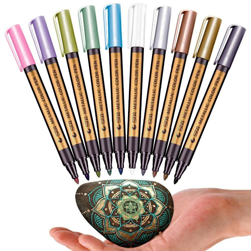 STA 10 Color Metallic Pen Permanent Marker Set Colored Paint Marker for Glass Rocks Card Ceramic CD Diy Scrapbooking Acrylic Pen