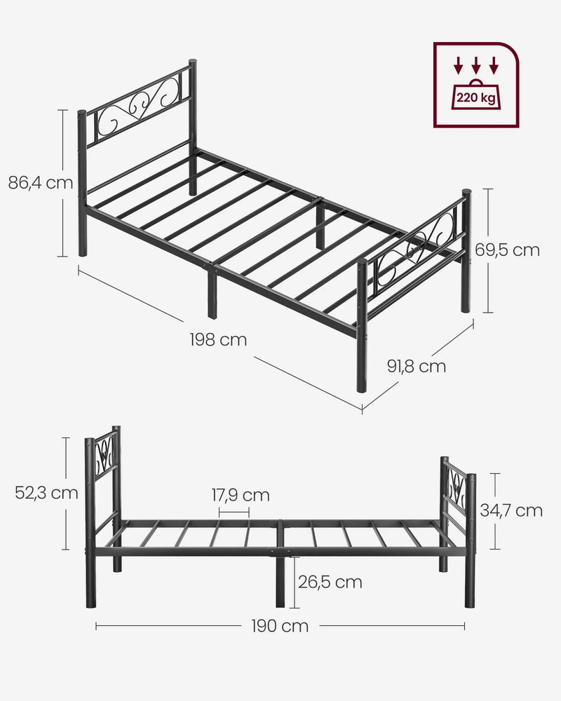 VASAGLE Single Bed Frame, Metal Bed Frame, Fits 90 x 190 cm Mattress, Easy Assembly, for Small Spaces, Guest Room