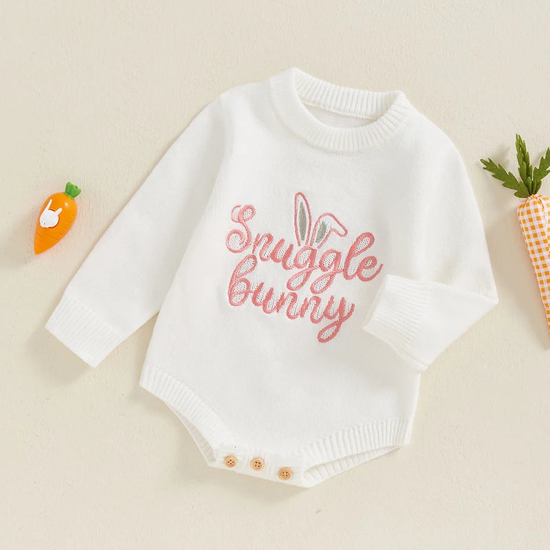 Toddler Boy Easter Bunny Jumpsuit Infant Short Sleeve Round Neck Rabbit Print Romper with Pom Pom Tail Detail