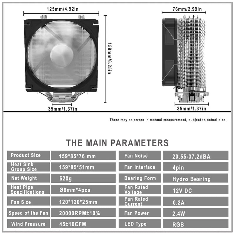 IWONGOU CPU Cooler Am4 4pin RGB 120mm Cooling Cpu Fan 4 Heatpipes Radiator Computer Cooler for Inetl Lga2011/1200/1700/1155/AMD