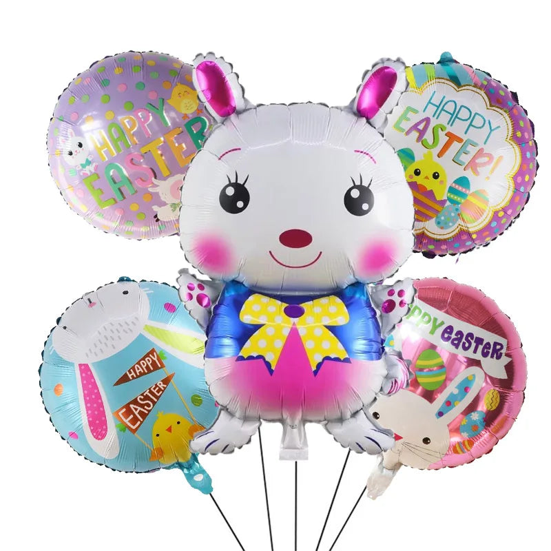 5pcs Easter Cute Rabbit Balloons White Bunny Shaped Balloons Happy Easter Foil Balloons for Easter Party Decors Kids Birthday