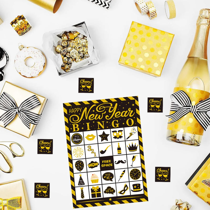 1 Set 2025 Happy New Year Theme Bingo Desktop Game Cards for 24 Players Family Classroom New Year Party Favors Decoration
