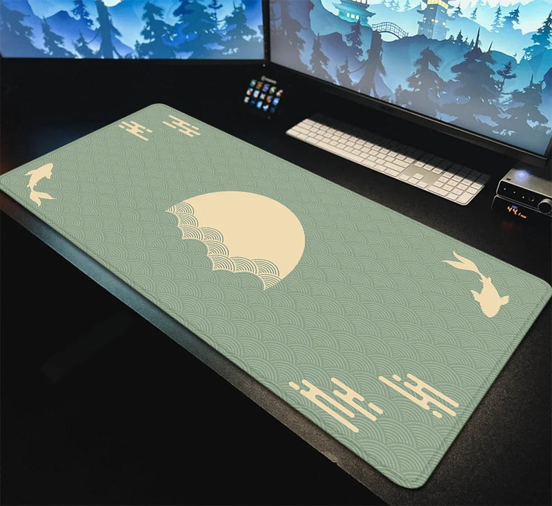 Japanese Desk Mat Black & Red Mouse Pad Koi Fish Sun Cloud Japan Art Seal Sunrise Large XXL Gaming Deskmat Rubber Mousepad 90x40