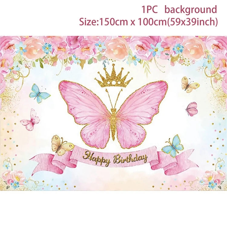 Pink Butterfly Birthday Party Backdrops Wedding Decorations Photo Booth Background Baby Shower Girl Hanging Flag Backdrop Props