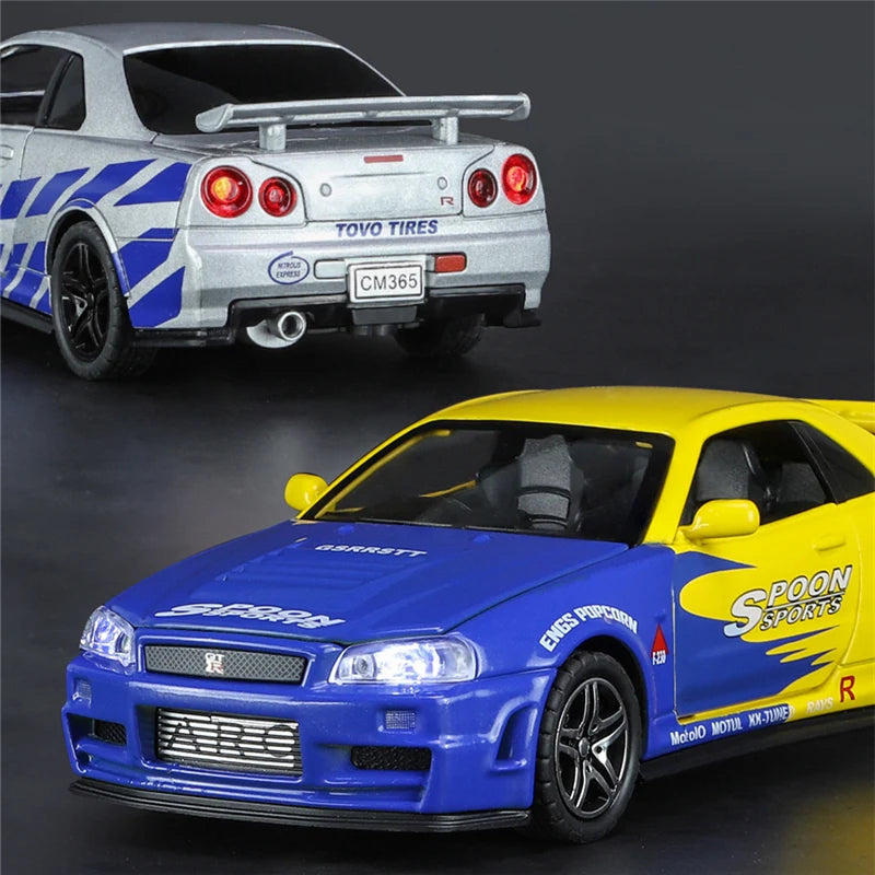 1:32 NISSAN Skyline Ares GTR R34 Alloy Sport Car Model Diecast & Toy Racing Vehicles Car Model Simulation Sound Light Kids Gifts