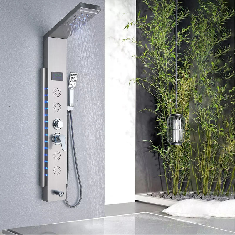 Rain Waterfall LED Shower Panel Black Shower Column Tower Digital Screen TEMP Mixer Tap Spray Bidet Shower Mixer Faucet