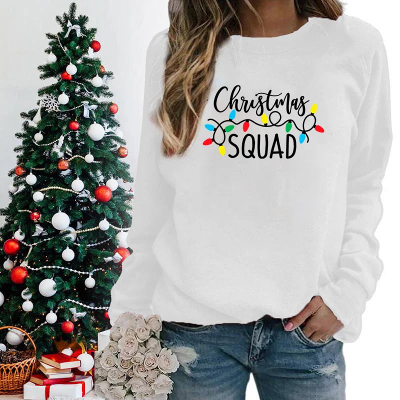 Christmas Lights Christmas Squad Print Crew Neck Sweatshirts Fashion Print Women Christmas Casual Sweatshirts Xmas Gifts