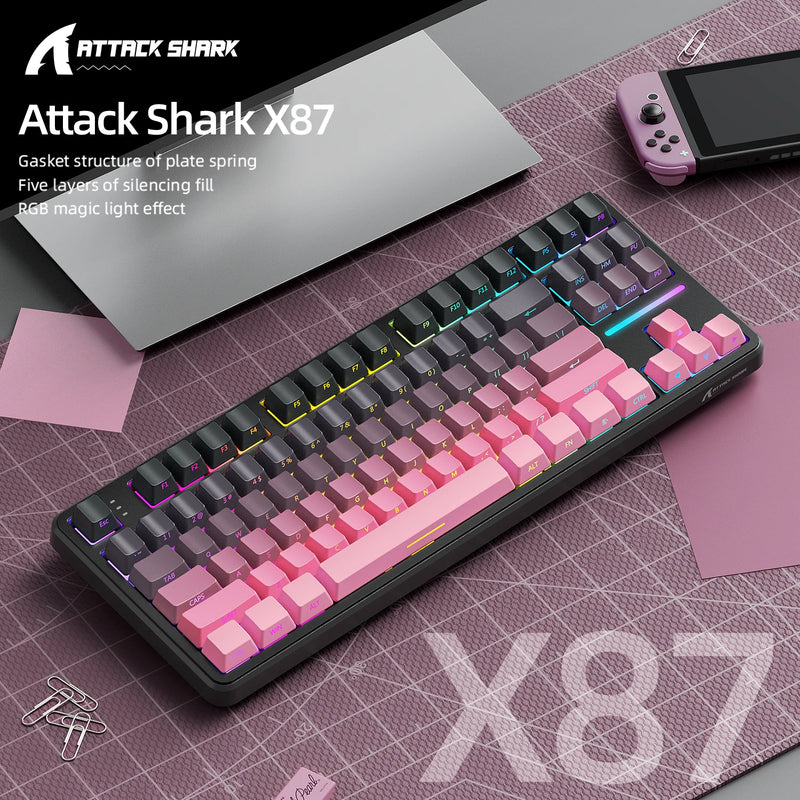 Gaming Keyboard X87 Attack Shark Side Engraved Translucent Character Wireless Mechanical Keyboard,RGB,Hot-Swap,Bluetooth Tri-mod