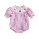 Toddler Girls Easter Outfit Bunny Embroidered Striped Short Sleeve Romper Jumpsuit Summer Clothing for Baby Girls